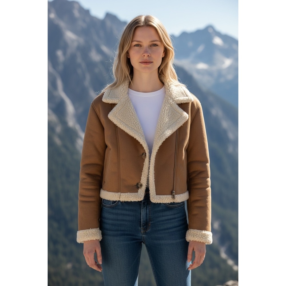 Faux Shearling Cropped Jacket Women Medium Brown Faux Suede Western Aviator